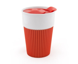 AFINA , Керамічне горнятко з силіконом і пластиковою кришкою, 400 мл (червоний)