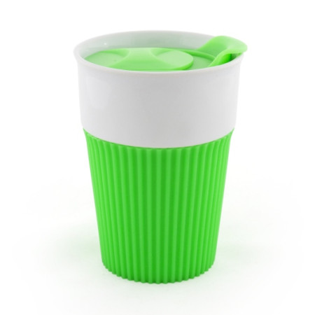 AFINA , Керамічне горнятко з силіконом і пластиковою кришкою, 400 мл (світло-зелений)