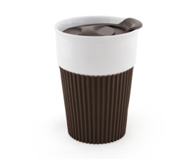 AFINA , Керамічне горнятко з силіконом і пластиковою кришкою, 400 мл (коричневий)