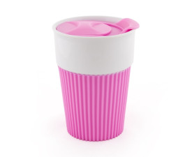 AFINA , Керамічне горнятко з силіконом і пластиковою кришкою, 400 мл (рожевий)