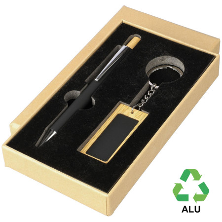 ЕКО набір з бамбуку 'Zaid' (ручка + брелок) прогумований (Чорний)