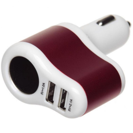 Автомобільний зарядний пристрій 2 порти USB 2.0 + розгалужувач (Червоний)