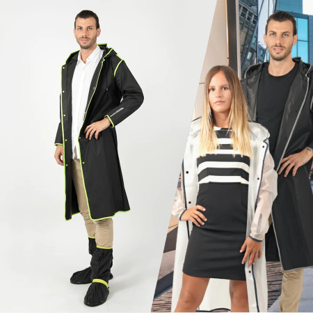 Тренч/дощовик Perletti City напівпрозорий з окантовкою та чохлом (чорний/лайм)